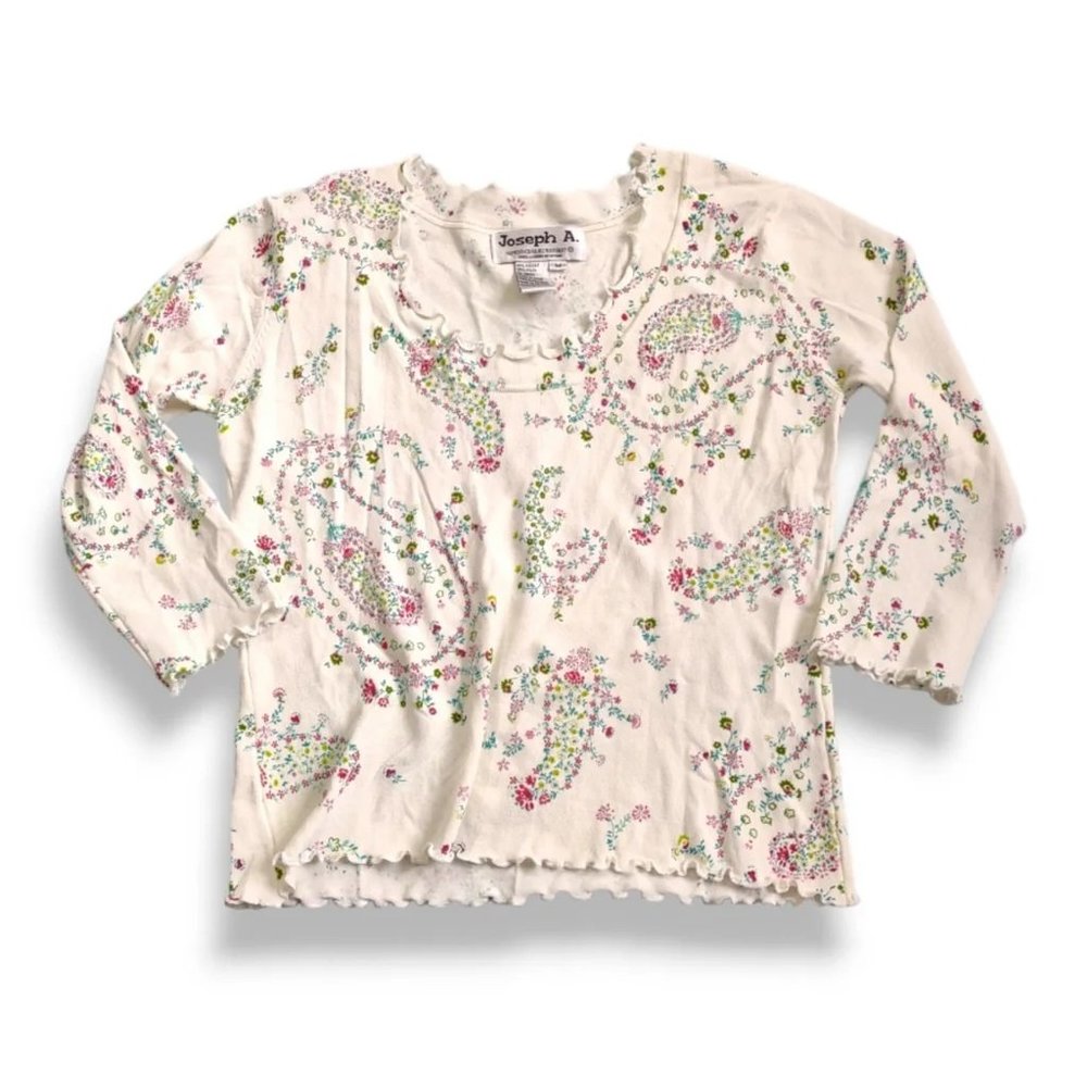 . vintage Y2K floral paisley 3/4 sleeve top with lettuce finish at neck and cuff